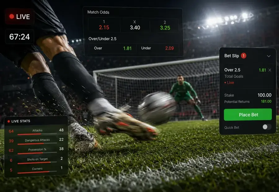 SportyBet live betting with in-play odds on a football match